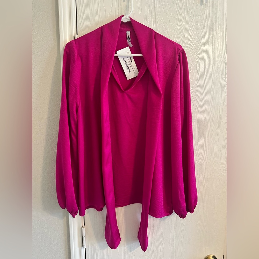 Women's Fuchsia Bow Tie Neck Long Sleeve Satin Blouse M
